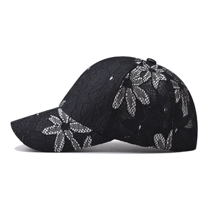 Elegant black lace baseball cap with floral pattern and breathable mesh design