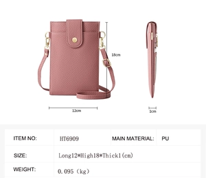 Detaillierte Größenangaben für die rosa PU-Leder Handytasche zum Umhängen 12x18x1cm