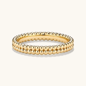 Detail of minimalist double-row beaded ring in polished gold finish over S925 silver