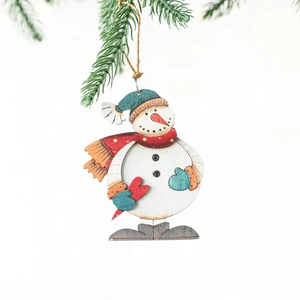 Nordic wooden snowman Christmas tree ornaments hanging on pine branches with bokeh background