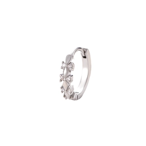 Elegant silver huggie hoop earring with clear cubic zirconia in a sweet floral design