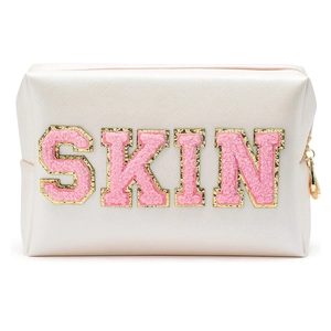 Waterproof PU leather makeup bag in cream white with pink chenille SKIN letters