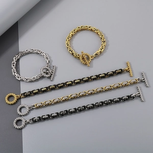 Detailed view of Byzantine style stainless steel bracelets with OT toggle closures