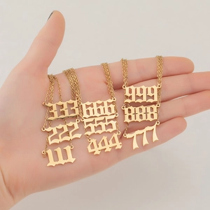 Gold stainless steel angel number necklaces with Old English pendants 111-999 set