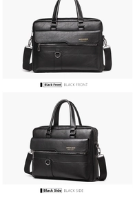 Detail of black WEIXIER business briefcase showing front and side views with leather texture