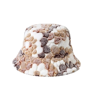 Winter plush bucket hat with tricolor floral pattern in white, brown and khaki