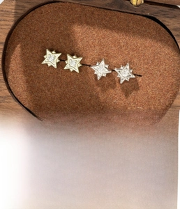 Détail de clou d'oreille en étoile avec zircon incrusté en or café et finition argent