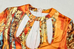 Detail of cutout neckline and invisible zipper on colorful retro floral bodycon dress