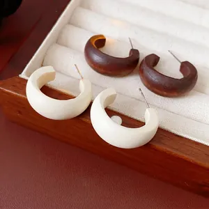 Retro Wood C Shaped Hoop Earrings With Silver Earring Post Simple Geometric Personality Niche Ear Jewelry For Women