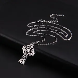 Silver hollow Celtic cross pendant necklace in stainless steel with intricate knotwork
