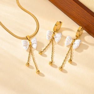 Women Titanium Steel Butterfly Tassel Jewelry Set Golden Artificial Pearl Snake Chain Necklace And Long Dangle Earrings Gift