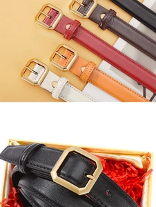 Detailed view of luxury skinny leather belts in five colors with gold hexagonal buckles