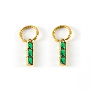 Gold bamboo style hoop earrings with emerald green rectangular gemstone drops