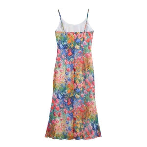 Abito lungo vintage da donna con stampa floreale a pittura a olio e spalline sottili