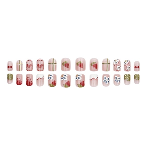 Short square press-on nails set featuring strawberry, daisy, and heart patterns