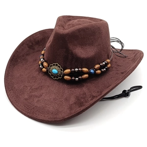 Brauner Western-Cowboyhut aus Wildlederimitat mit Holzperlen und Türkis-Schmuckstein