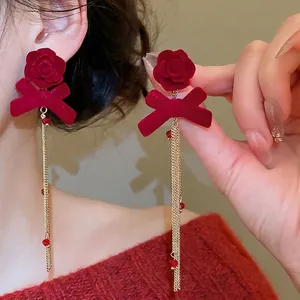 Vintage Red Velvet Rose Bow Long Tassel Drop Earrings With Silver Earring Post Gold Chain For Women Wedding Party