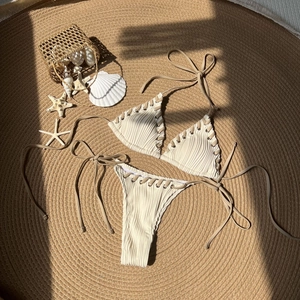 Ribbed Bikini Triangle Top And Side Tie Bottoms Contrast Lacing Metal Eyelets Halter Neck Swimsuit Beachwear For Women
