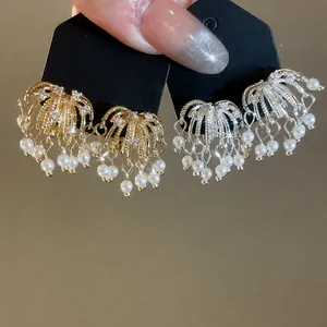 Elegant 18k gold plated firework dangle earrings with sparkling zircons and pearls