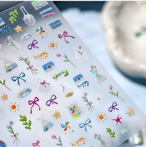 Detail of M-1046 transparent laser nail stickers with spring flowers and cute icons