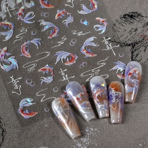 Koi Fish Nail Art Stickers Chinese Style Holographic Laser Nail Decals Self Adhesive Manicure Decoration For Women M-897