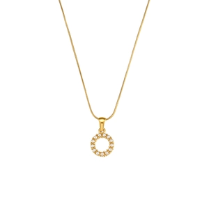 Elegant 18K gold plated snake chain necklace with circular pearl pendant on white background