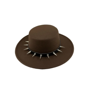 Brown wool felt fedora hat featuring a black leather band with silver metal punk spikes