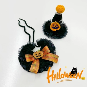 Detail of hand-crocheted Halloween pet set featuring witch hat and pumpkin bib