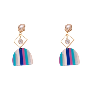 Fashionable geometric drop earrings with gold square studs and colorful striped pendants