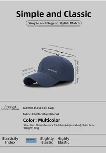 Detailed size specifications for navy baseball cap featuring mountain peak embroidery