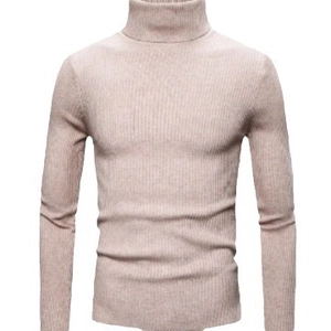 Slim fit men's turtleneck knit sweater in beige with vertical striped texture long sleeves
