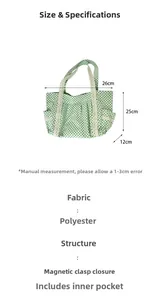 Green polka dot canvas tote detail showing polyester fabric and magnetic closure