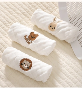 Detailed texture of 6-layer cotton gauze baby washcloths with cute animal embroidery