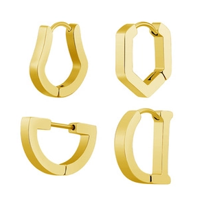 Macro view of gold stainless steel geometric hinged hoops in various shapes and sizes