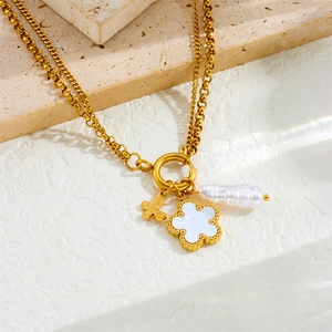 Double-layered gold stainless steel necklace with clover flower butterfly and pearl charms