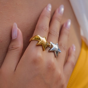 Titanium steel pentagram ring with 'BLESSING' engraving in gold and silver finish