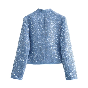 Women's light blue sequined tweed jacket in short cut with sparkling woven fabric details