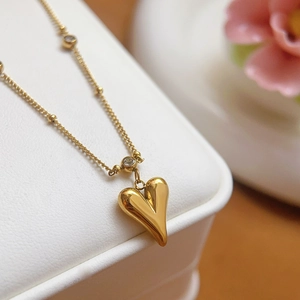 18K gold plated heart pendant necklace with micro zircon stones on a delicate chain