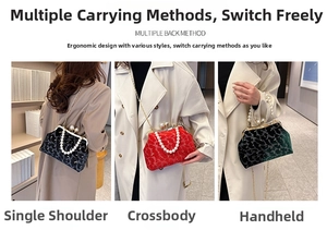 Detailed views of velvet pearl handle shell bags in black, red, and emerald green tones