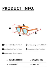 Detailed size guide for retro round sunglasses including frame width and lens measurements