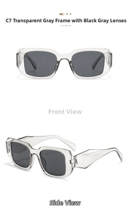 Detail view of transparent grey square sunglasses with dark lenses and thick frames