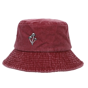 Close-up of vintage washed cotton bucket hat featuring white mushroom embroidery and metal eyelets