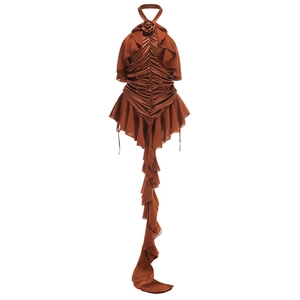 Detail of rose neck decoration and ruffled tiers on caramel bodycon party dress