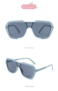 Detail view of mint green frame sports sunglasses with dark grey lenses and GYNE logo
