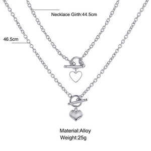 Double-layered alloy necklace set with heart pendants and OT buckle clasp details