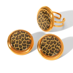 Golden leopard print jewelry set with round earrings and adjustable open ring