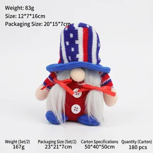 Patriotic gnome doll detail showing red and blue knit hat with heart and white beard
