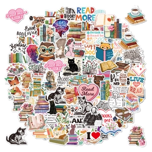 Detail showing various colorful vinyl reading stickers with book lover quotes and animals