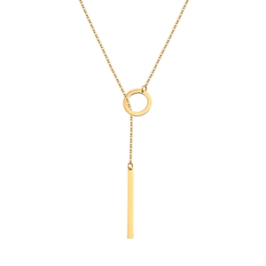 Minimalist golden Y-shaped lariat necklace with a polished ring and geometric metal bar