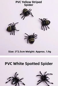 Close-up of mini PVC fake spiders with detailed stripes and dots for Halloween pranks